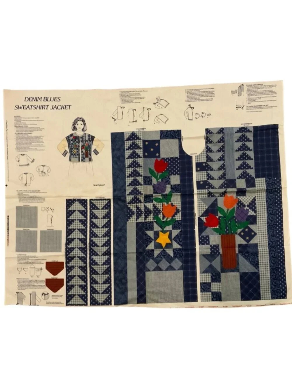 Denim Blues Sweatshirt Jacket Cut and Sew Fabric Panel Patchwork Tulips Stars